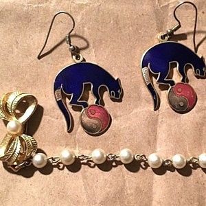 ~Cobalt Panther Ying/Yang Earrings, Sweater Clip